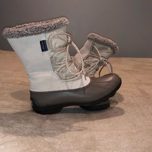 White and grey Sperry winter boots